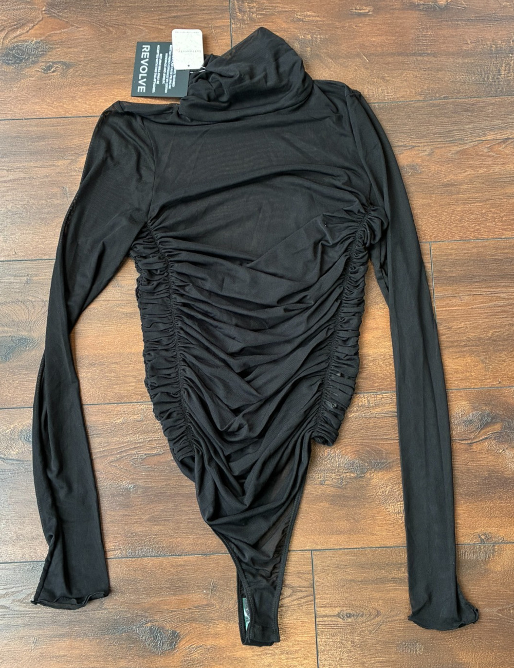 Free People Under It All Bodysuit Black Mesh Ruched Turtleneck Revolve, XL NWT